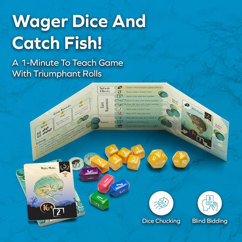 1-Minute 15 2 5 Allplay Lure Board Game for Adults or Families - Wager Dice to Roll and Catch Fish - Push Your Luck