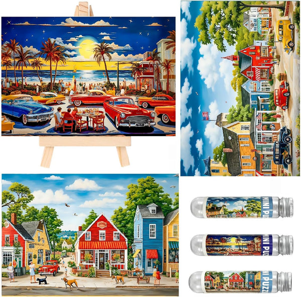 Small Jigsaw Puzzles for Adults, 150 Pieces Vintage American Illustration Mini Puzzles, 3 Pcs with Mini Easel