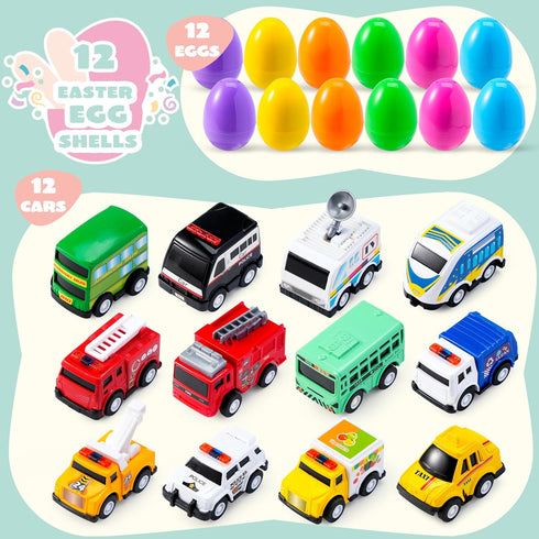 12 JOYIN Pcs Prefilled Easter Eggs with Toys, Plastic Eggs with Alloy Pull Back Cars, Easter Basket Stuffers, Party