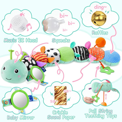 0-3-6-12 Tummy Baby Toys Sensory Musical Animal Stuffed Toy for Infant Months Time Newborn, Plush Caterpillar