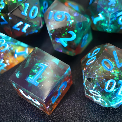 Handmade Sharp Edge Color DND Dice, 7 Piece Polyhedral Dice for TTRPGs, Dungeons and Dragons, Ice Tea with Mint