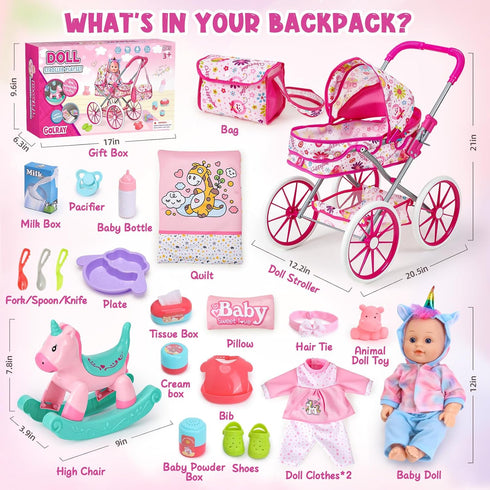 12 Set 3 4 5 6 26pcs Horse/2 3-5-7 Golray in Baby Doll Toys with Stroller for Year Old Girl - Babydoll with Accessories