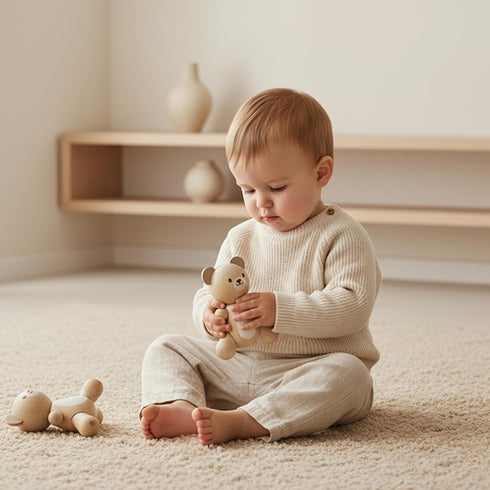 Set PlanToys Bear & Little Bear Wooden Rattle & Teether | Montessori Sensory Toy for Grasping, Auditory Learning