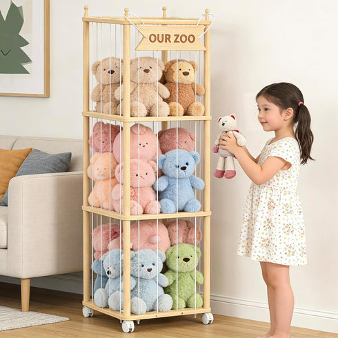 Stuffed Animal Storage,Wooden Zoo Toy Organizer with Wheels & Hanging Net, Cute Plush Toy Display Stand for Kids