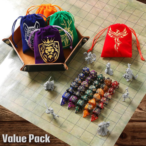 35Pcs DND Dice Set: Polyhedral Dice Sets with 5 Colorful Animal Patterned Dice Pouches