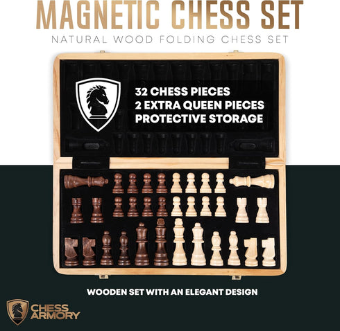 Chess Armory 15 Inch Magnetic Wooden Chess Set, Board Game for Adults & Kids with Extra Queen Pieces & Storage Box