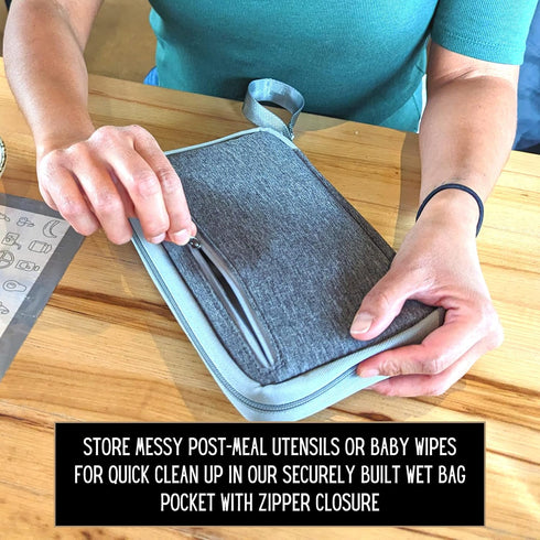 THEO'S Baby Led Weaning Supplies Clutch - Fits Mealtime Essentials and Includes Utensils Loops, Wet-Bag for Baby Wipes