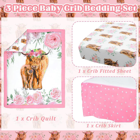 Hahafelt 3 Set Sets Piece Highland Cow Baby Crib Bedding for Baby Girls Pink Floral Nursery Crib Includes Quilt,Fitted