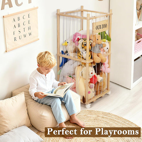 5-Row Edudif Stuffed Animal Storage Zoo, Wooden Stuffed Animal Organizer with Removable Wheels & Elastic Cords