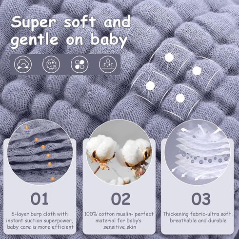 100% 20''x10'' 6 Pack Looxii Muslin Burp Cloths Cotton Muslin Cloths Large Extra Soft and Absorbent Baby Burping Cloth