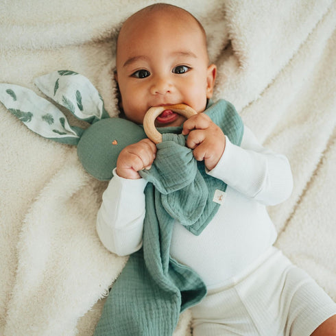 Mikito Organic Cotton Newborn Gift Box, Unisex Baby Gifts Including Muslin Lovey Comforter, Bandana Bib, Wooden Teether