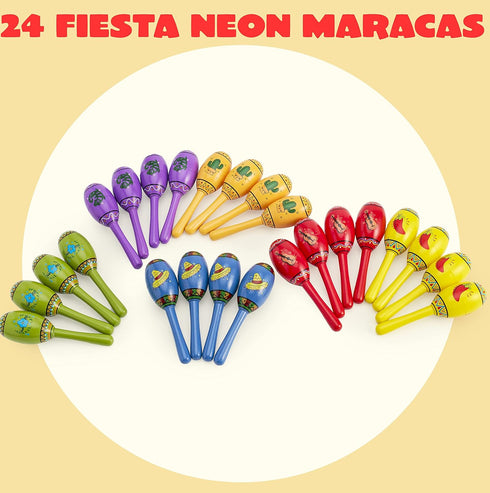 JOYIN 24 Mini Wooden Fiesta Maracas, 6 Designs Noisemaker for Mexican Fiesta, Birthday Parties, Luau Party Favors