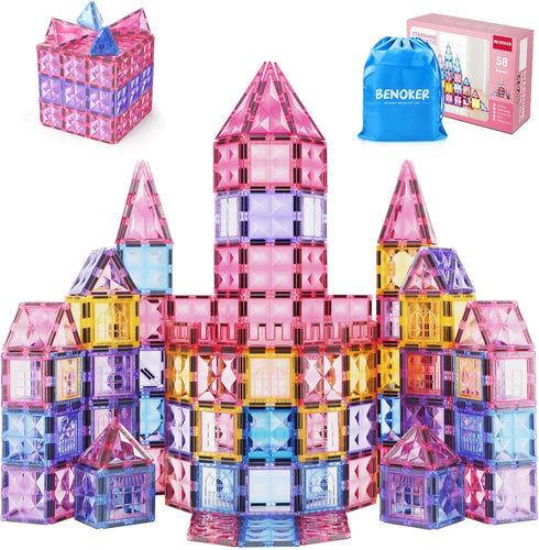 Princess Magnetic Tile Castle - 3D Building Block Set for Kids, Pink Magnetic Building Blocks with Doll, Ages 3-8