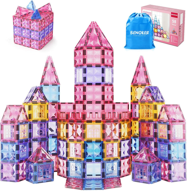 Princess Magnetic Tile Castle - 3D Building Block Set for Kids, Pink Magnetic Building Blocks with Doll, Ages 3-8