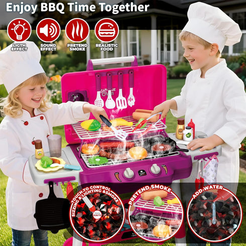Set, Playset 2-Layer Playset, Kids Kitchen Toy Kids BBQ Grill with Smoke Sound Light, Barbecue Toy with Wheel