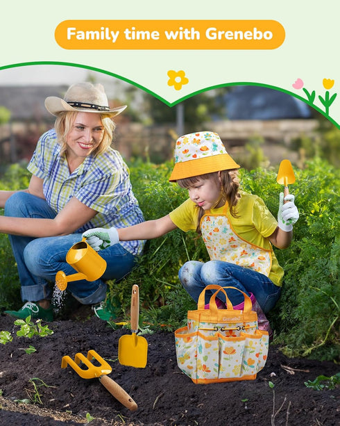 Set Grenebo Kids Gardening Toys,Includes Metal Trowel,Transplanting Shovel,Garden hat,Rake,Apron,Gloves,Watering