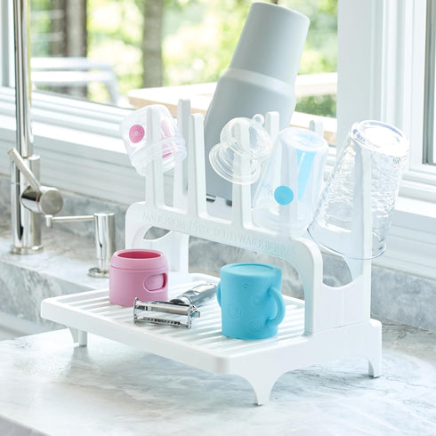 100% countertop PopYum Glacier White Space Saving Drying Rack from Recycled Bottles, for Baby Bottles, Plastic Bags