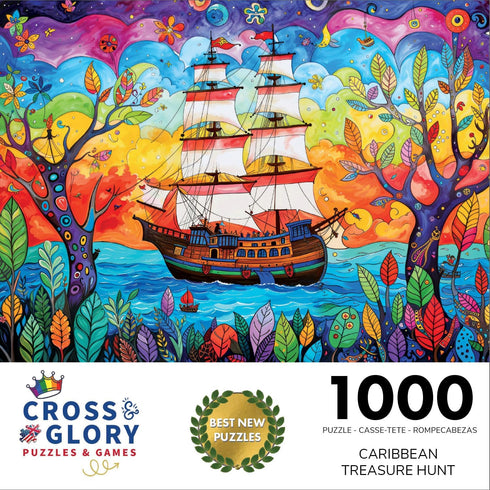 Caribbean Treasure Hunt - 1000 Piece Jigsaw Puzzle for Adults, Vibrant Pirate Ship Adventure by Cross & Glory