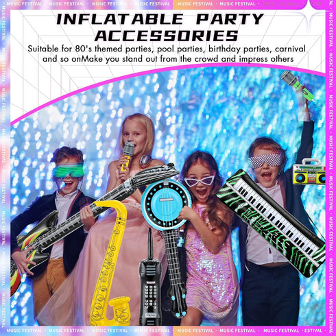 12 Pieces Inflatable Instruments Party Props Set, Rock Star Toy Blow Up Guitars, Saxophone, Bass, Microphones for 80s