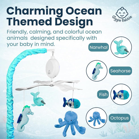 Giggle Babble Ocean Baby Mobile with Music Calming Nautical Crib Mobile with Sea Animals, Soothing Lullabies