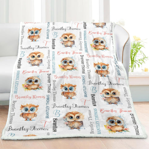 Novusopt Customized Owl Baby Blanket with Name Sherpa Blanket Personalized Owl Nursery Baby Blankets for Boys Girls