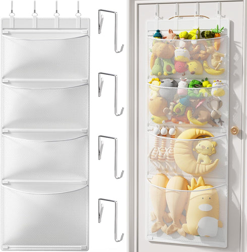 Criusia Stuffed Animal Storage, Over The Door Organizer with 4 Mesh Pockets,