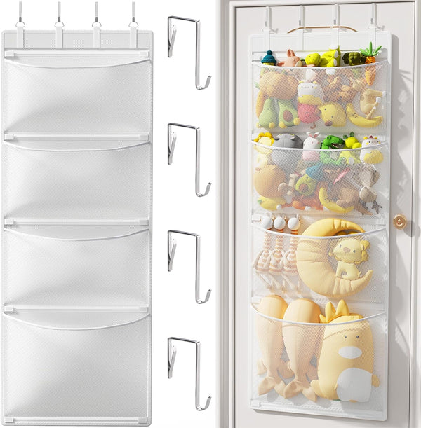 Criusia Stuffed Animal Storage, Over The Door Organizer with 4 Mesh Pockets,