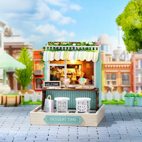 CUTEROOM Miniature House Kit, Tiny Wooden Dollhouse Kit with Dust Cover, DIY Birthday Gift (Dessert Time)