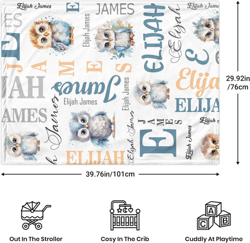 Novusopt Custom Blanket with Name Owl Blanket Personalized Baby Blankets for Girls Boys Receiving Baby Blanket Baby Boy