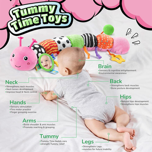 LIGHTDESIRE 3 6 12 Tummy Baby Toys Musical Caterpillar,Infant Toys Months Sensory Toy with Ruler Design,Mirror,Pull