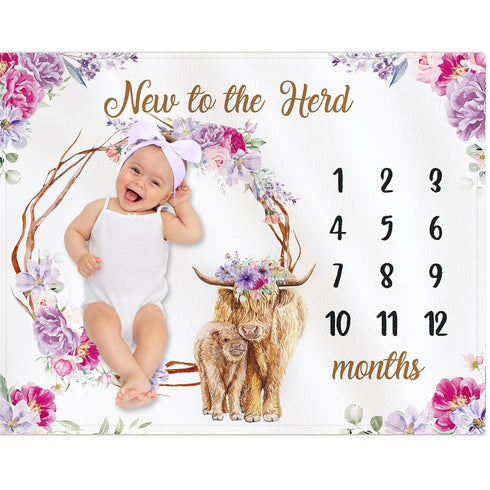 Highland Cow Baby Monthly Milestone Blanket, 40 x 50'', Scotland Cow Flower Prop Blanket for Baby Girl