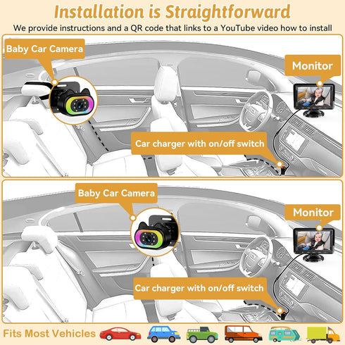 Wkzay 1080P, 150 4.3 Baby Car Camera for Backseat HD Wide Angle, Night Vision, Easy Installation, Adjustable LED Light