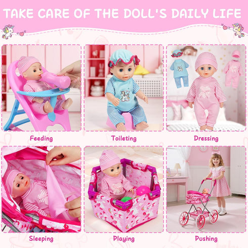 Set 11'' 24 Playset 3-5 4-6 DRAMATION Unicorn Baby Doll Stroller with Baby Doll, Foldable Doll Stroller, Playpen