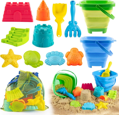 Aimlovs Collapsible Beach Toys Set for Kids,Sand Bucket Shovel, Rake, Mesh Bag 4