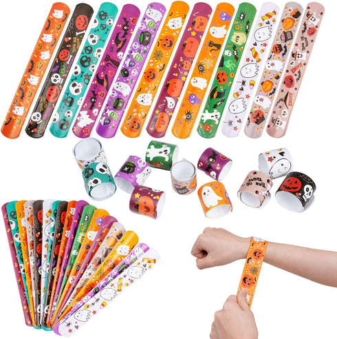 CCINEE 48pcs Halloween Slap Bracelets, Assorted Bulk Snap Wristbands for Kids Halloween Party Gifts
