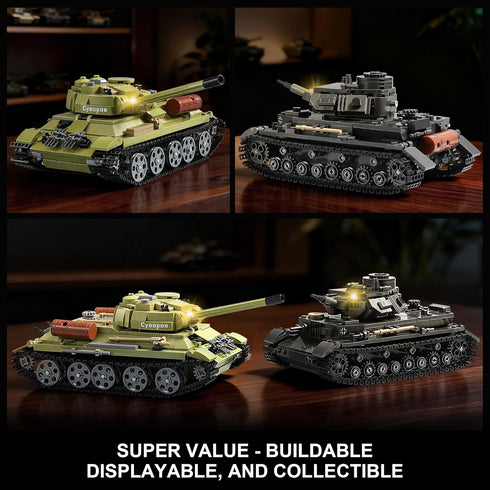 MISTBUY WW2 Sets T-34 8+ (1201 Army Tank Building with Lights, Panzer IV & Military Tanks Model Kit Compatible