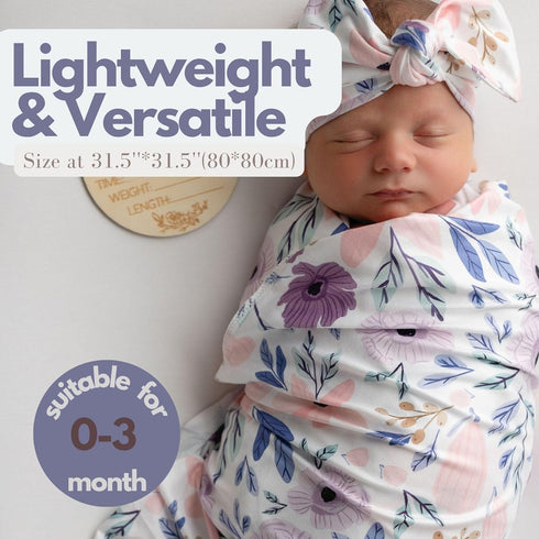 Newborn Baby Girl Receiving Blanket | Stretchy Knit Swaddle Set with Matching Headband & Name Card (Pink & Purple