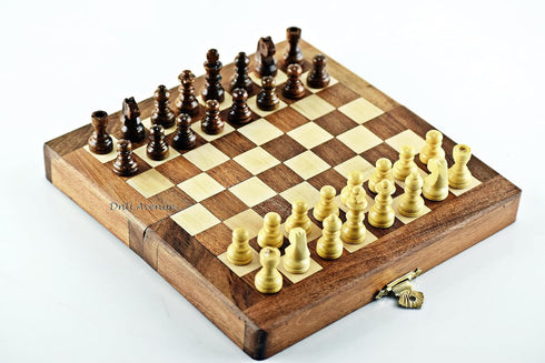 Wooden Magnetic Chess Board Set, 7" Folding Game for Adults & Kids, Portable Travel Chess