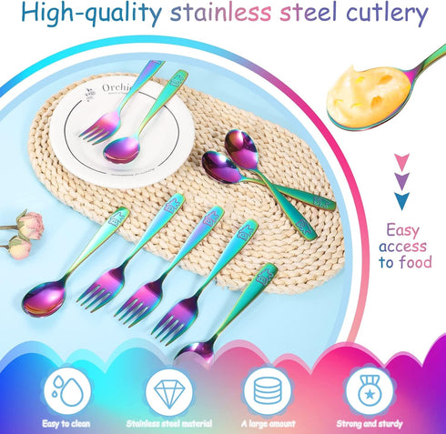 Pimoys 12 Pieces Kids Rainbow Utensils Set, Stainless Steel Safe Forks and Spoons, Dishwasher Safe Metal Cutlery