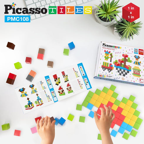 Picasso Cubes 1” Magnetic Puzzle Cubes, 108 Piece Building Block Set for Early Education STEM Learning