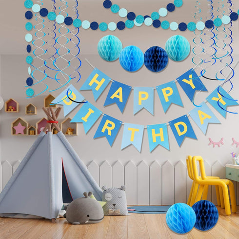 Blue Birthday Decorations with Happy Birthday Banner, Paper Honeycomb Balls, Circle Garland, Hanging Swirl Decorations