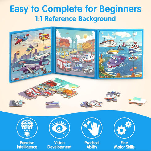 SYNARRY Air Land Water Transport Magnetic Puzzles for Toddlers 2-4, 20 Pieces Travel Puzzles for Kids Ages 4-6