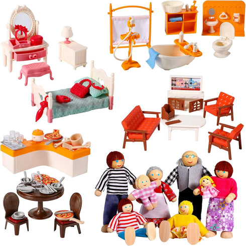 HyDren 83 Pcs Wooden Dollhouse Furniture Set with 8 Flexible Dolls for