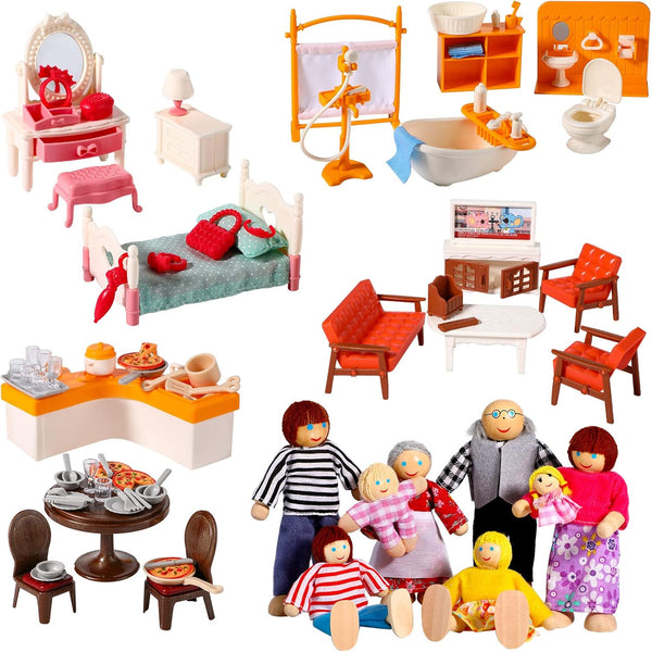 HyDren 83 Pcs Wooden Dollhouse Furniture Set with 8 Flexible Dolls for