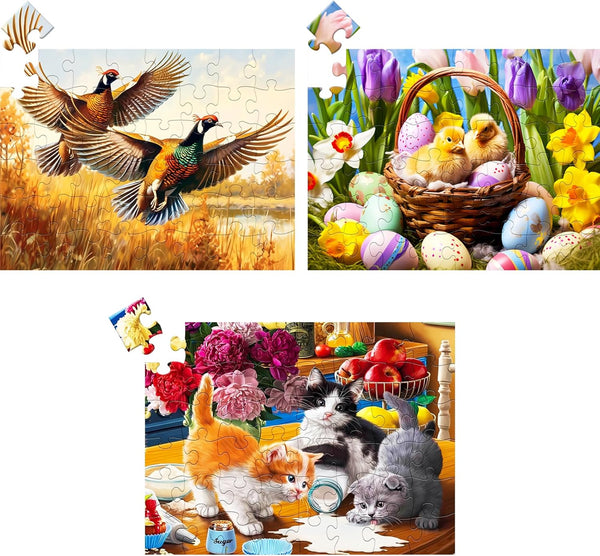 3 Pack 48 Large Piece Puzzles for Seniors, Dementia Activities, Kittens, Chicks, Birds Gift for Elderly Adults