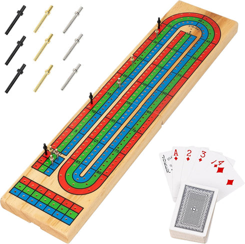 FUNPENY Traditional Wooden Cribbage Board Game Set, 3-Track with Metal Pegs and Deck of Cards