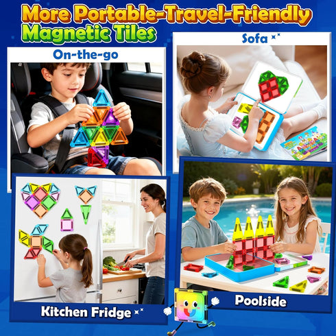 60PCS Soyee Mini Travel Magnetic Tiles with Metal Tin Case Toddler Kids Toys Travel Essentials, Toddler Travel Toys