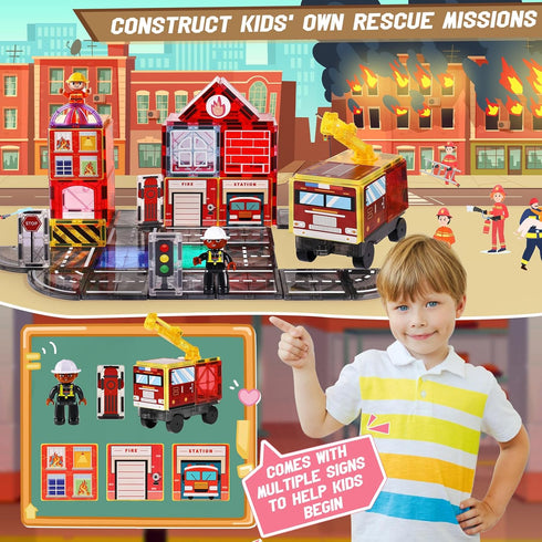 Set 2 3-5 5-7 8-12,STEM 3+ Magnetic Tiles Road with Cranes & Double-Sided Magnet Tiles,Boys Toys for Ages Magnetic