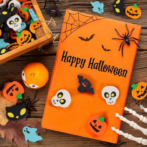 Halloween Erasers for Kids Bulk, 50 Pcs Large Pumpkin, Ghost, Skull, and Bat Erasers for Halloween Party Decoration