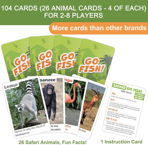 BenBen Go Fish Card Game for Kids, 104 Cards, Jumbo Size, Safari Animal Learning Playing Cards, Memory Matching Games, Picture Cards with Real Photos Fun Facts, 2-8 Players, Easter Basket Stuffers